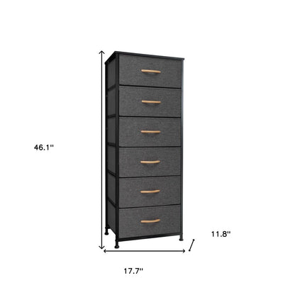 18" Gray And Black Steel And Fabric Six Drawer Dresser