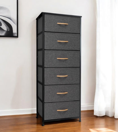 18" Gray And Black Steel And Fabric Six Drawer Dresser