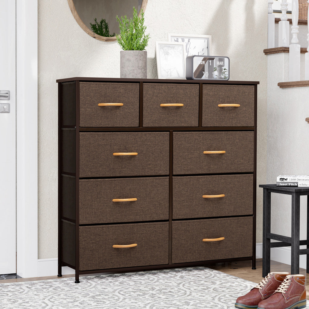 39" Brown Steel and Fabric Nine Drawer Triple Dresser