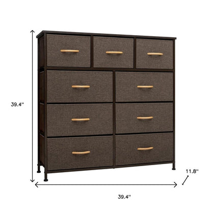 39" Brown Steel and Fabric Nine Drawer Triple Dresser
