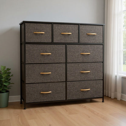 39" Brown Wood Steel And Fabric Nine Drawer Double Dresser