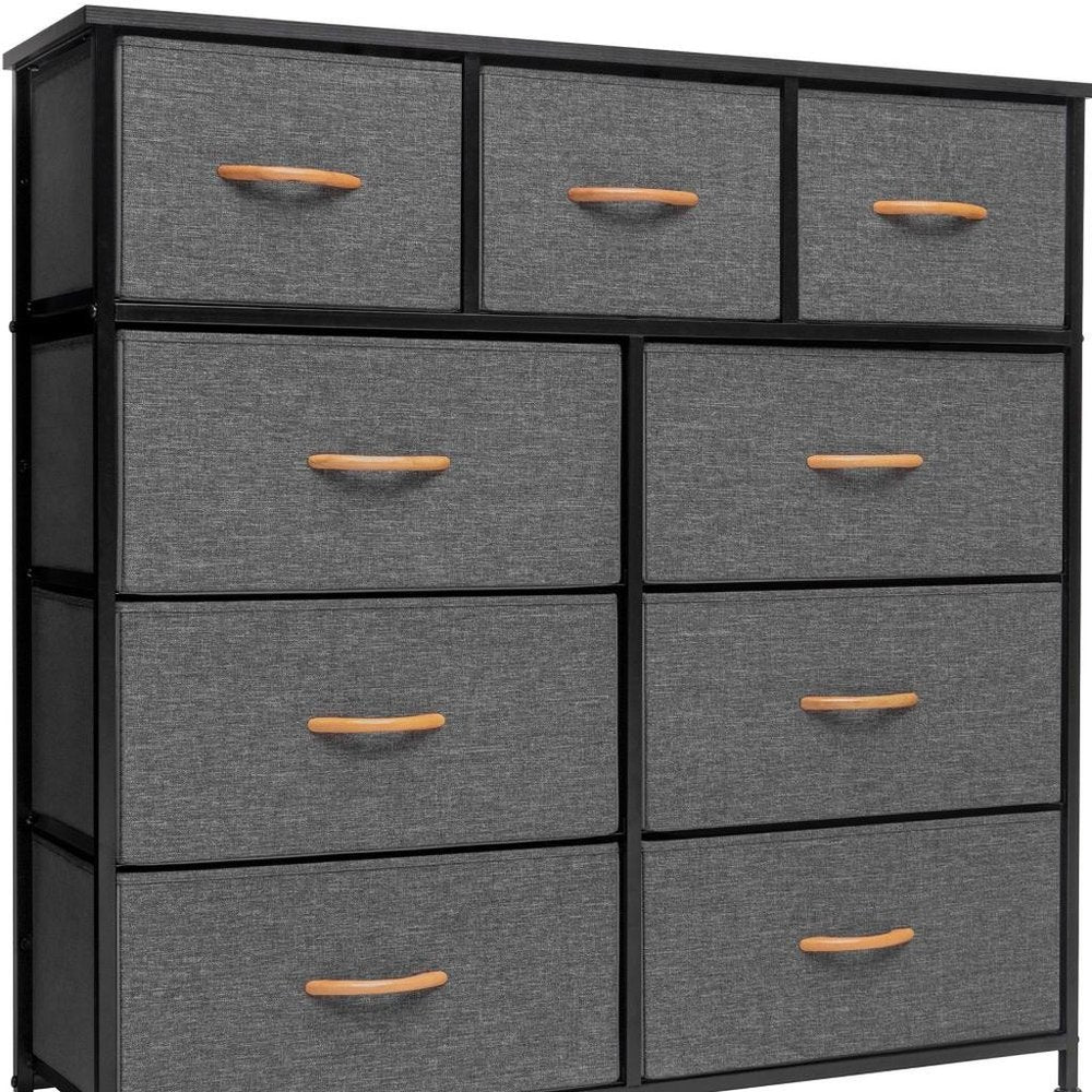 39" Gray and White Steel and Fabric Nine Drawer Triple Dresser