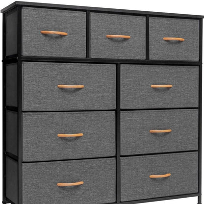 39" Gray and White Steel and Fabric Nine Drawer Triple Dresser