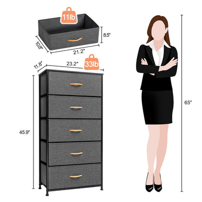 23" Gray and Black Steel and Fabric Five Drawer Chest