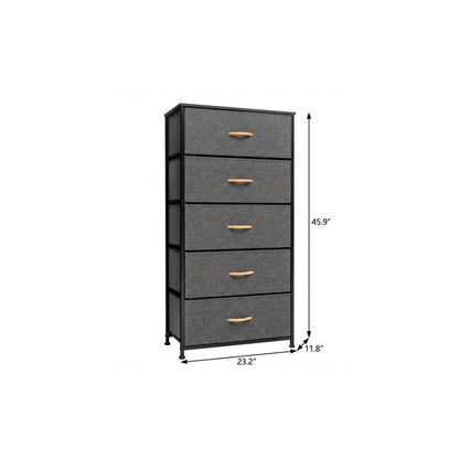23" Gray and Black Steel and Fabric Five Drawer Chest