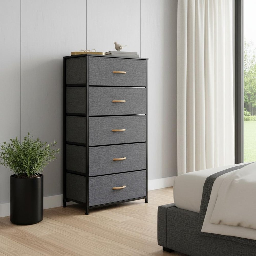 23" Black And Gray Wood Steel And Fabric Five Drawer Dresser
