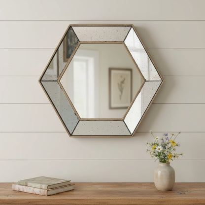 18" Hexagon Wall Mounted Vintage Style Glass Frame Accent Mirror
