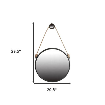 30" Black Fame Round Wall Hanging Accent Mirror with Rope