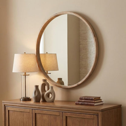 28" Brown Solid Wood Round Framed Accent Mirror