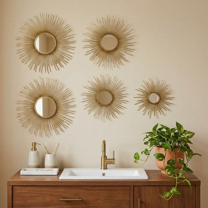 Set of Five Gold Sunburst Metal Framed Mirror Set