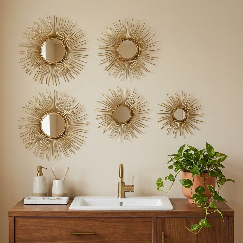 Set of Five Gold Sunburst Metal Framed Mirror Set
