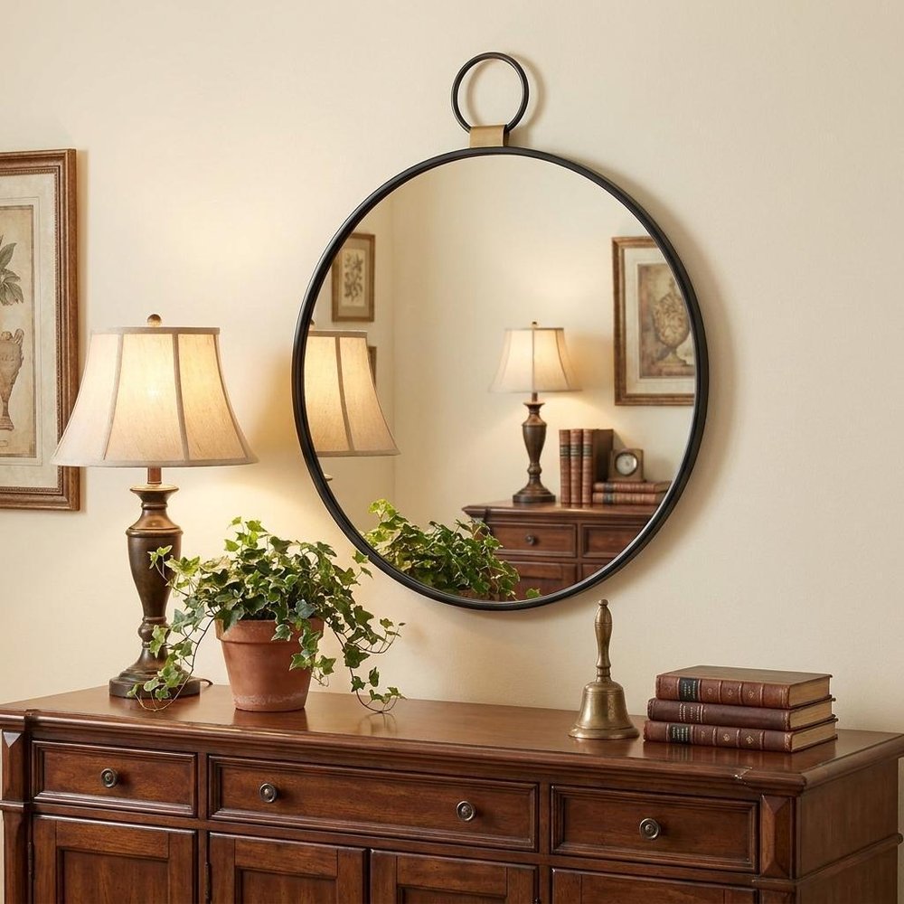 23" Black Round Metal Framed Accent Mirror
