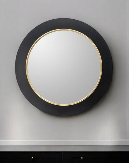 32" Black And Gold Lighted Round Metal Framed Accent Mirror
