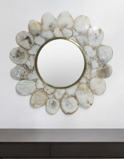 30" White And Gold Scalloped Stone Framed Accent Mirror