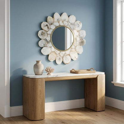 30" White And Gold Scalloped Stone Framed Accent Mirror