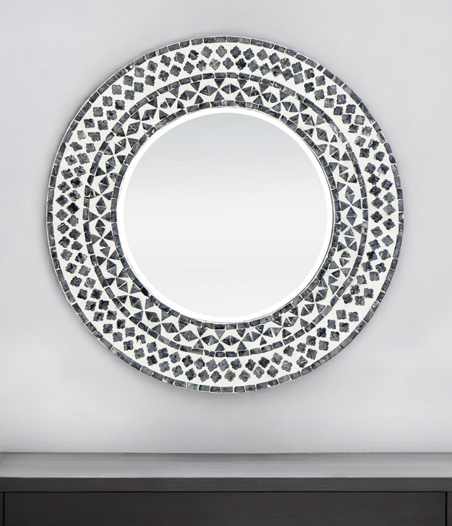 24" Black and White Round Manufactured Wood and Shell Framed Accent Mirror