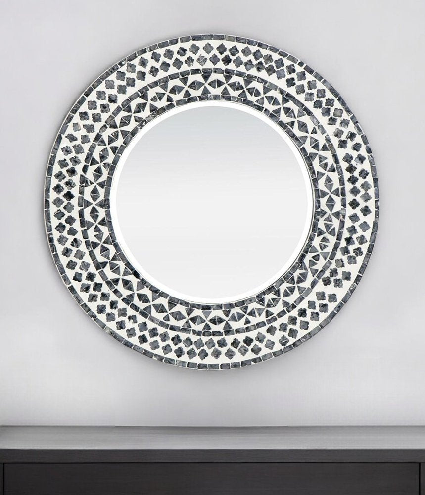 24" Black And White Round Wood And Shell Framed Accent Mirror