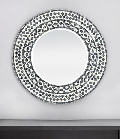 24" Black And White Round Wood And Shell Framed Accent Mirror