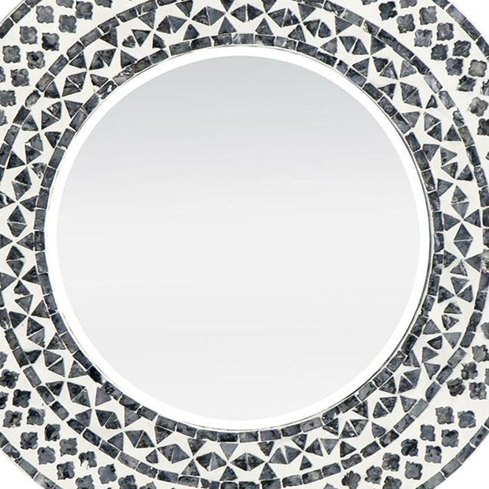 24" Black and White Round Manufactured Wood and Shell Framed Accent Mirror