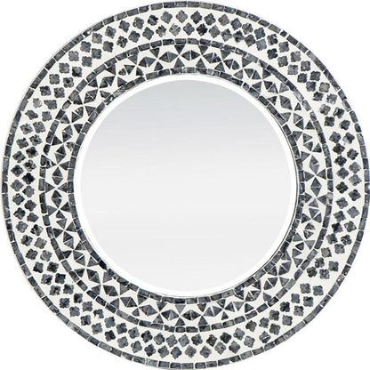 24" Black And White Round Wood And Shell Framed Accent Mirror