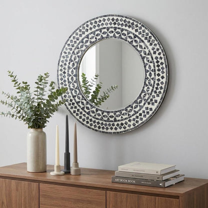24" Black And White Round Wood And Shell Framed Accent Mirror