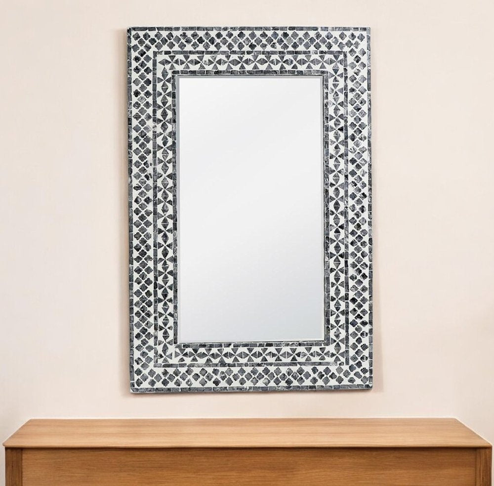 36" Black And White Geometric Mosaic Capiz Shell Framed Accent Mirror