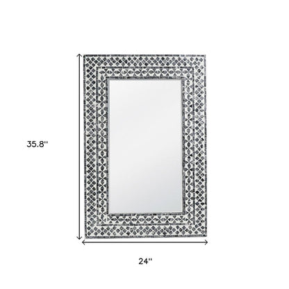 36" Black And White Geometric Mosaic Capiz Shell Framed Accent Mirror