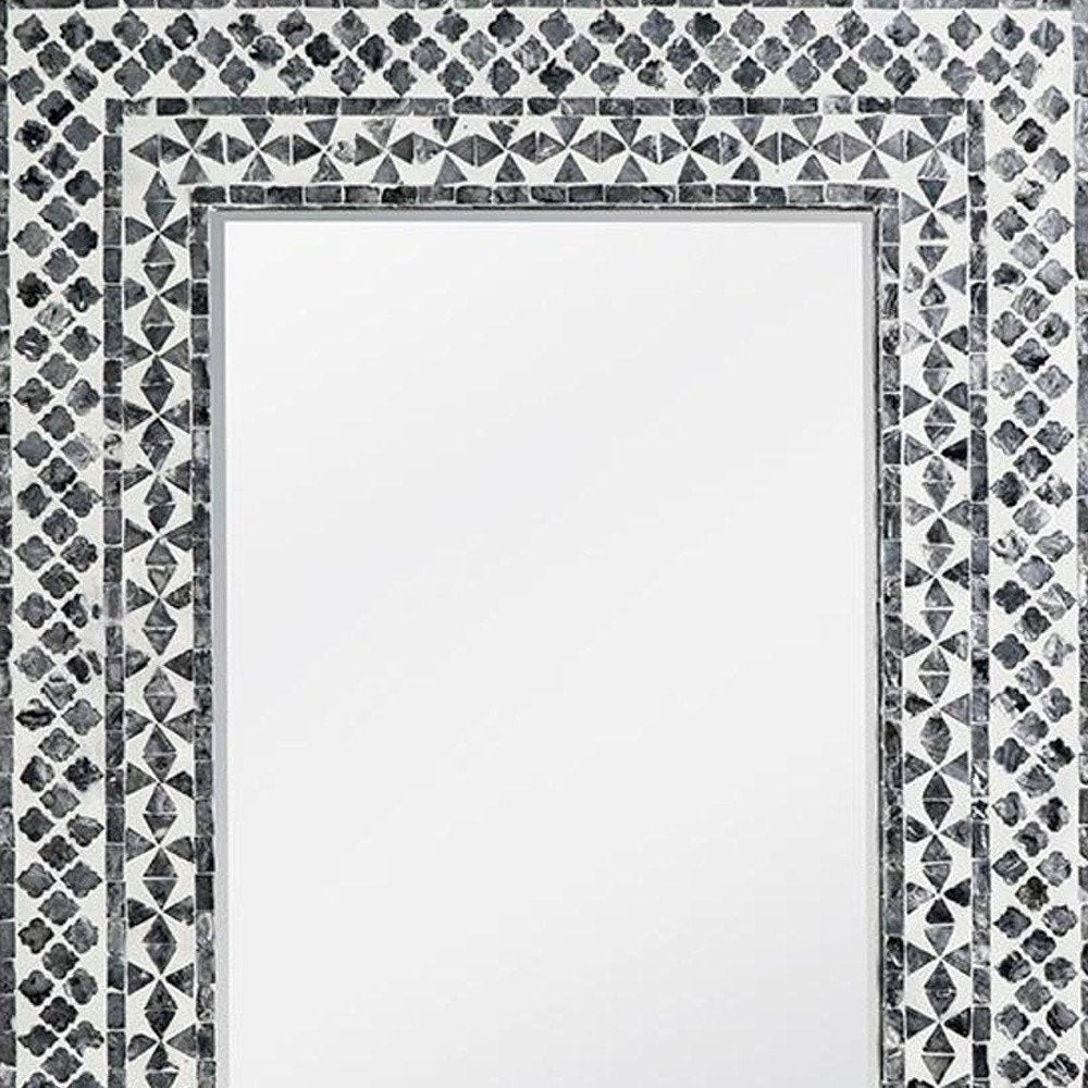 36" Black And White Geometric Mosaic Capiz Shell Framed Accent Mirror