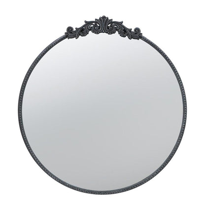 32" Black Crowned Top Iron Framed Round Accent Mirror