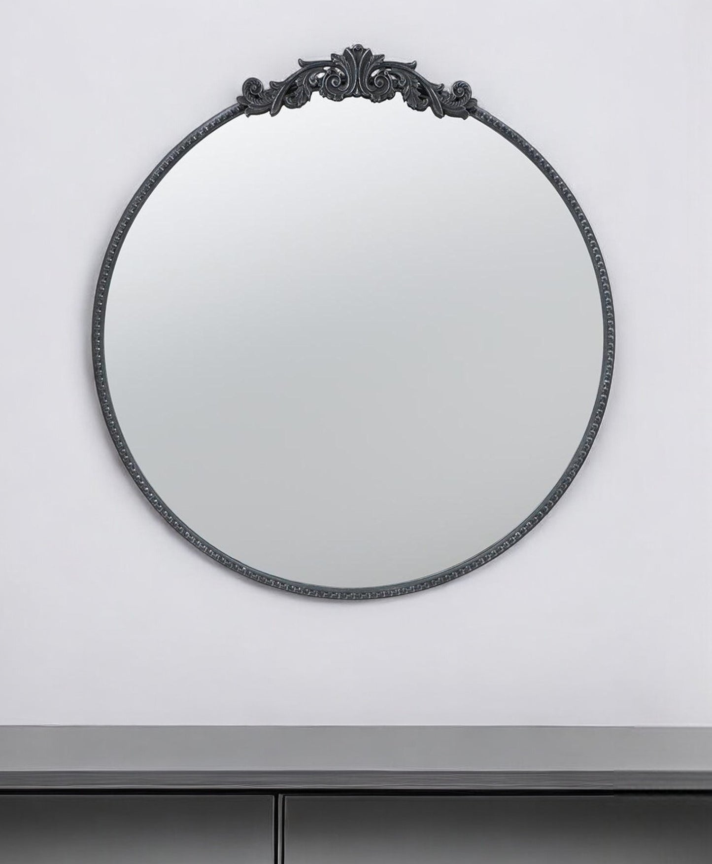 32" Black Crowned Top Iron Framed Round Accent Mirror