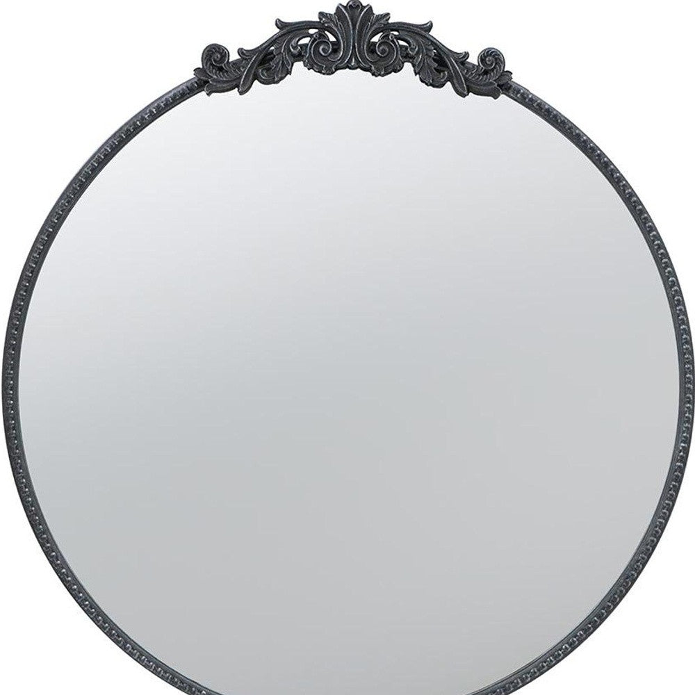 32" Black Crowned Top Iron Framed Round Accent Mirror