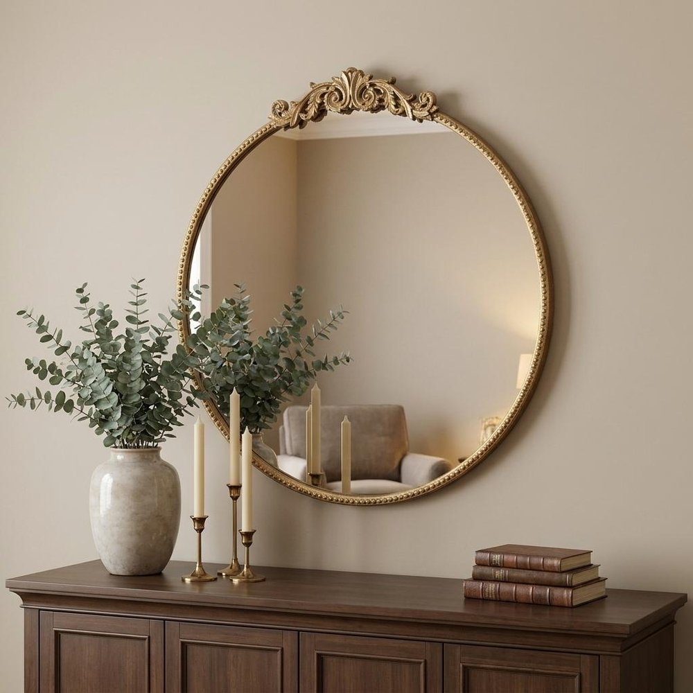 32" Gold Iron Crowned Top Framed Accent Mirror