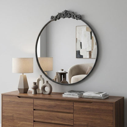 39" Black Crowned Top Iron Framed Accent Mirror