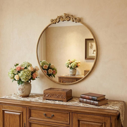 39" Gold Crowned Top Iron Framed Accent Mirror