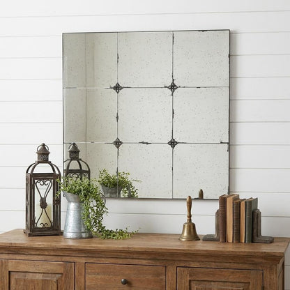 36" Black Square Iron Framed Antiqued Glass Accent Mirror
