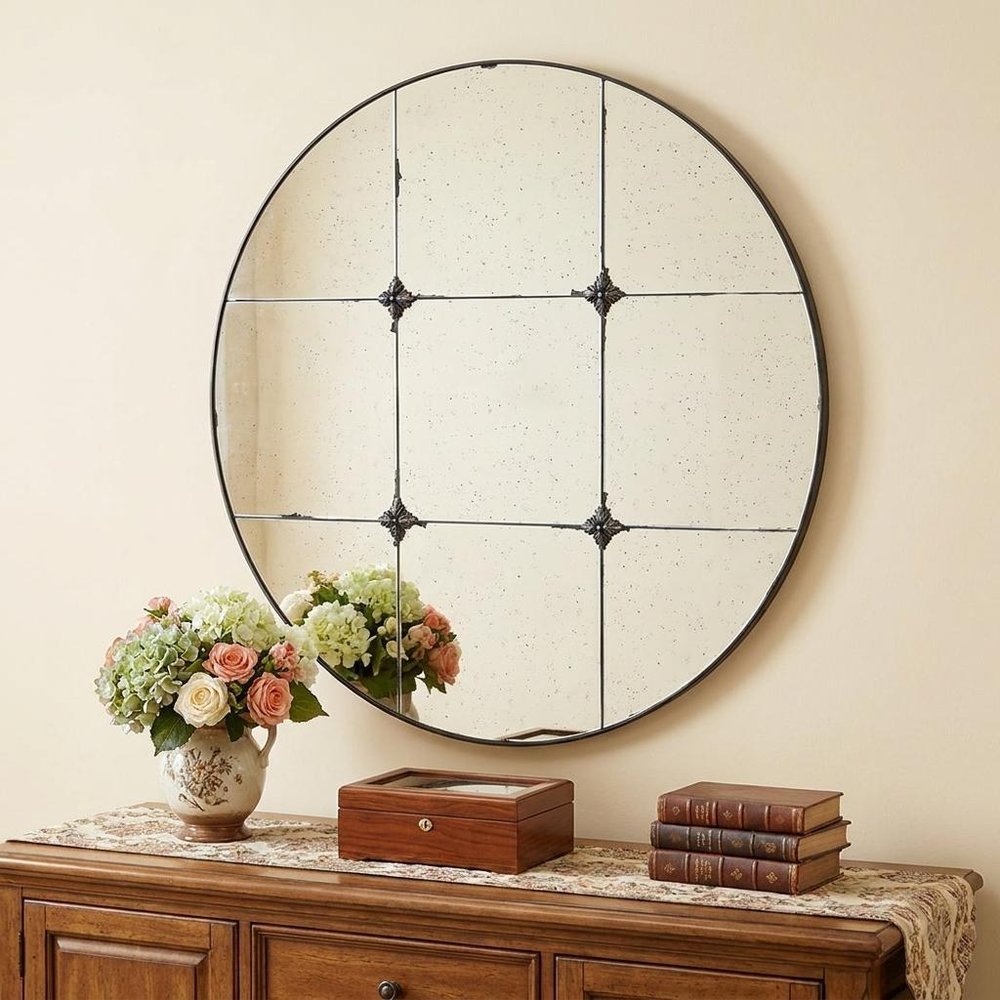 36" Black Round Iron Framed Antiqued Glass Accent Mirror