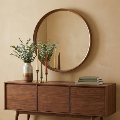 32" Brown Round Wood Framed Accent Mirror