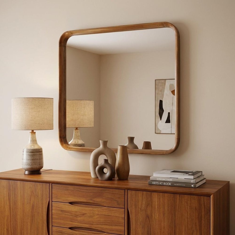 32" Brown Square Wood Framed Accent Mirror