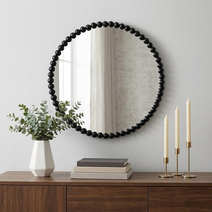 32" Black Iron Beaded Round Framed Accent Mirror