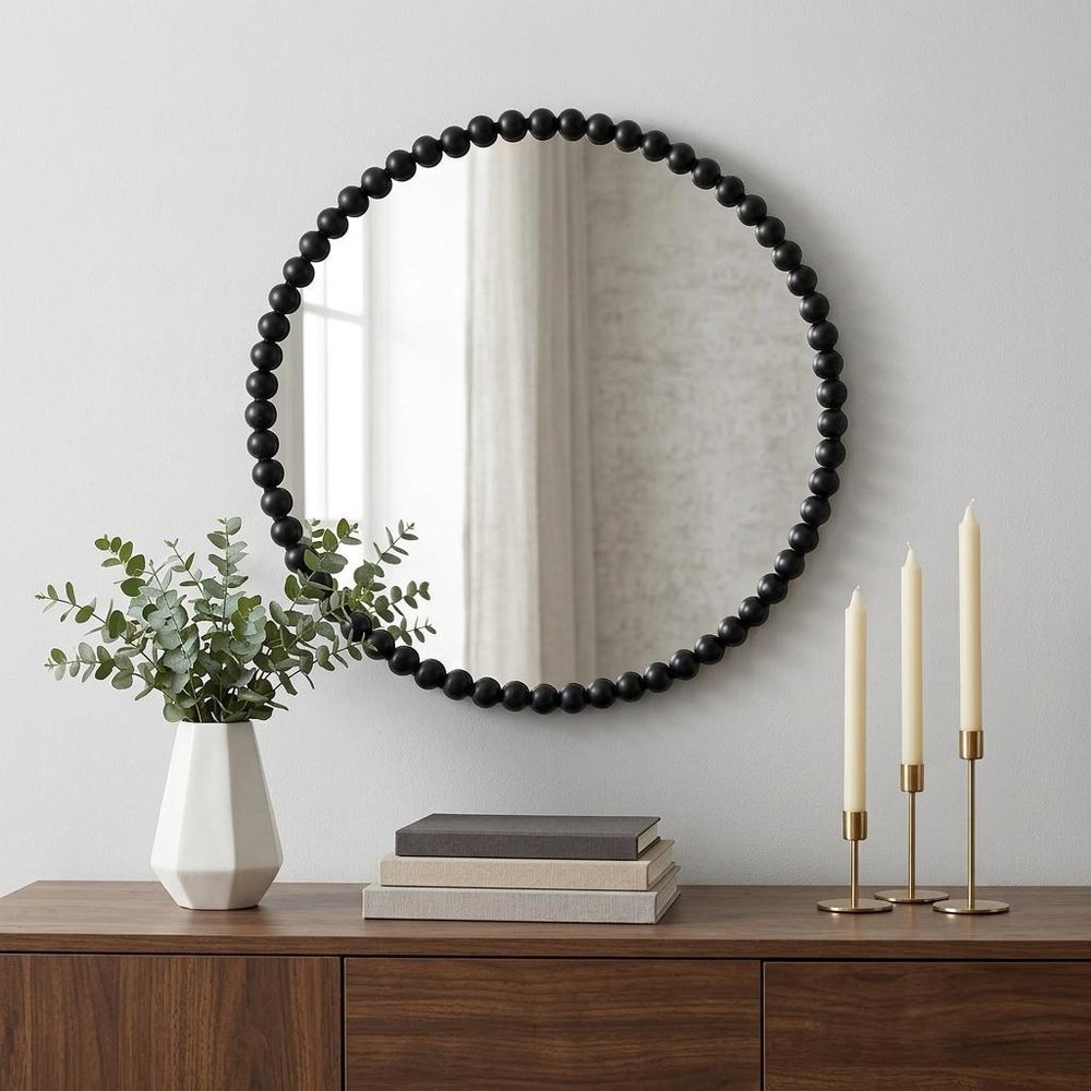 32" Black Iron Beaded Round Framed Accent Mirror
