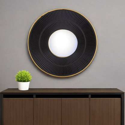32" Black And Gold Round Wood And Metal Framed Accent Mirror