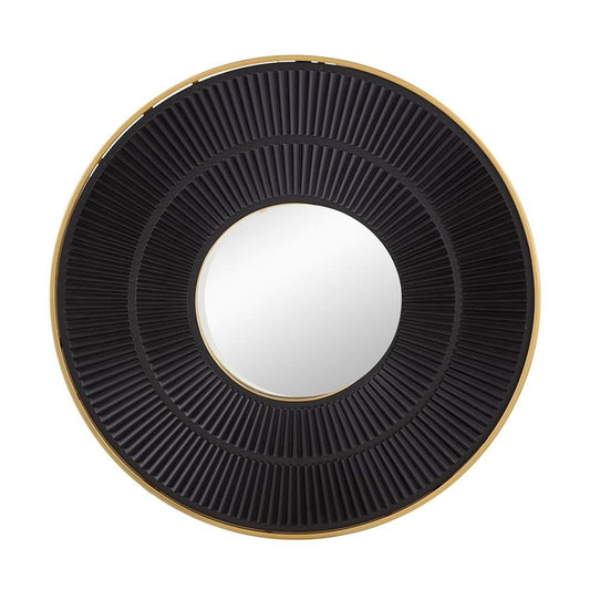 32" Black And Gold Round Wood And Metal Framed Accent Mirror
