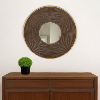 32" Brown And Gold Round Wood And Metal Framed Accent Mirror