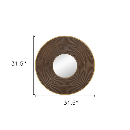 32" Brown And Gold Round Wood And Metal Framed Accent Mirror