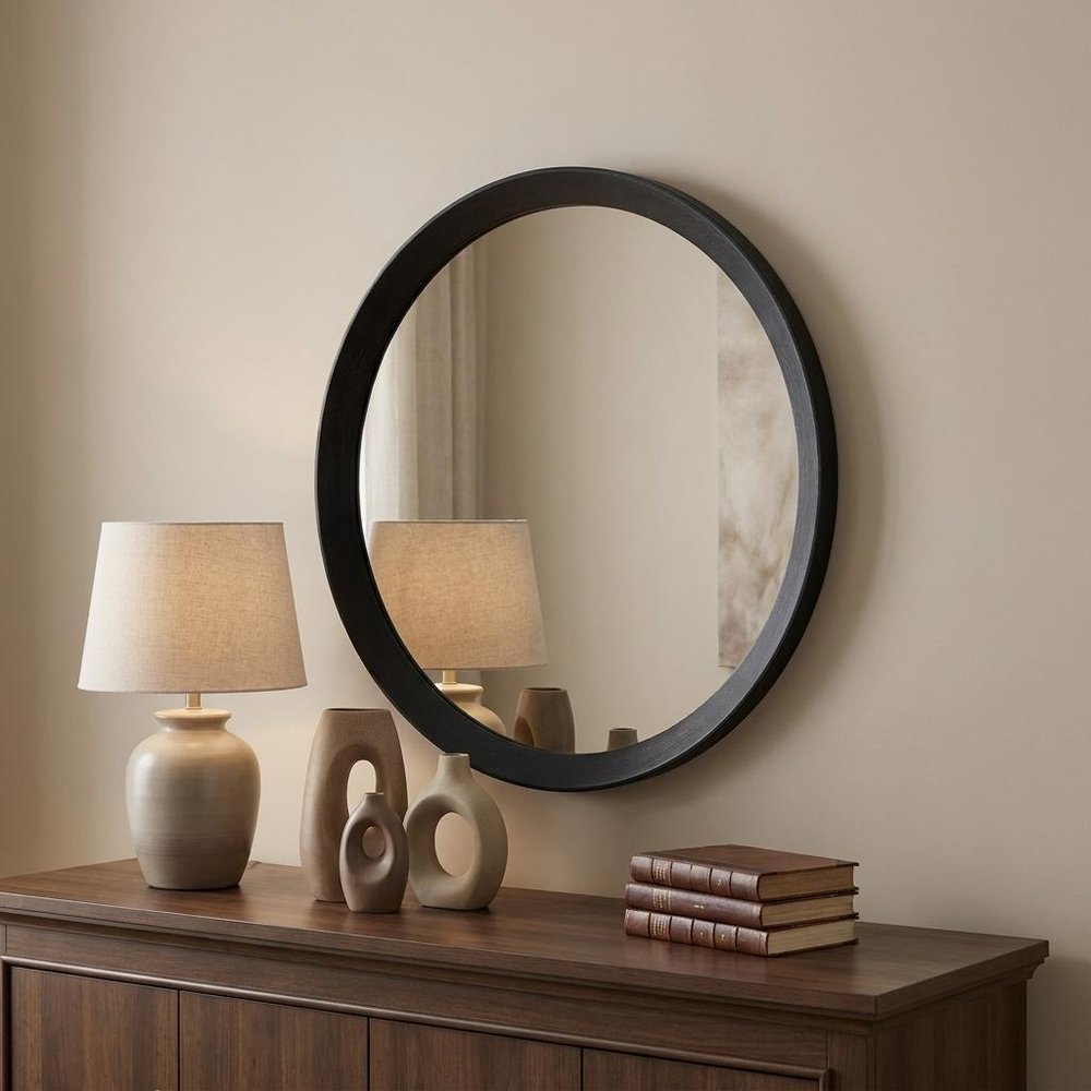20" Black Round Wood Framed Accent Mirror
