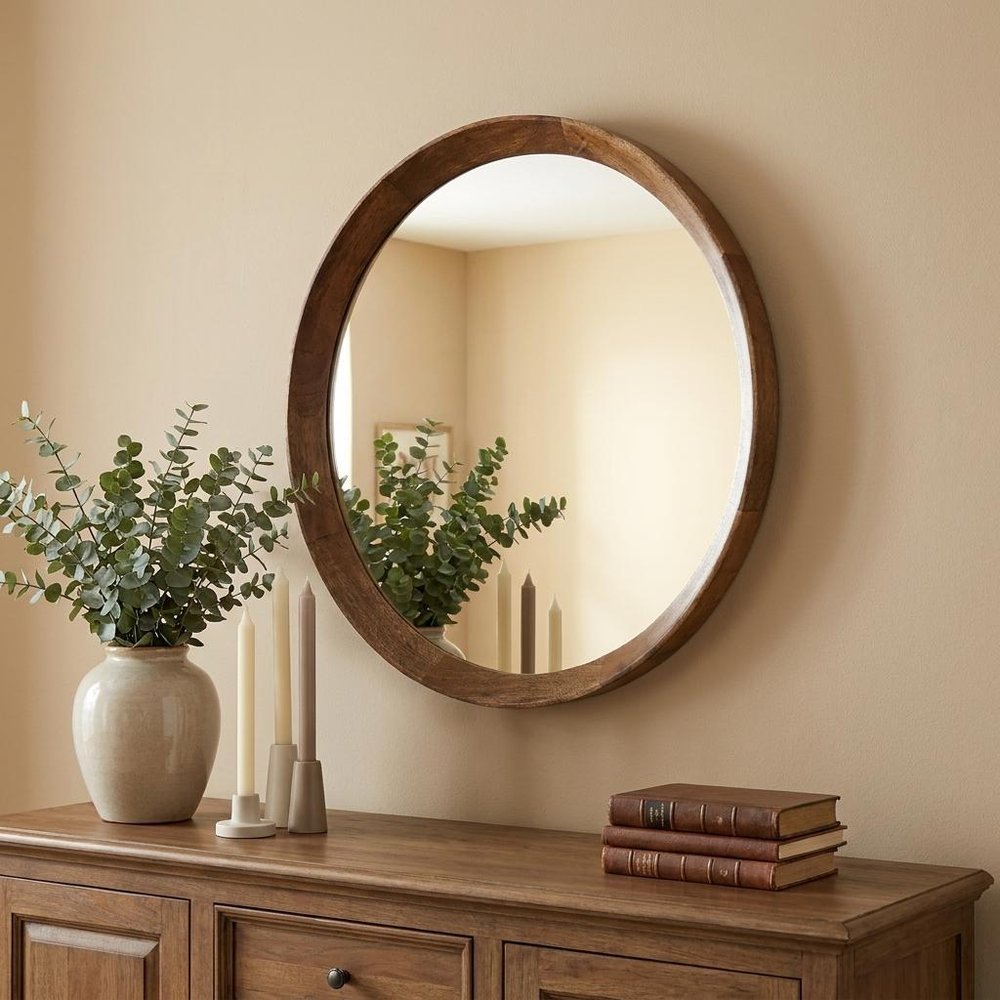 20" Natural Round Wood Framed Accent Mirror