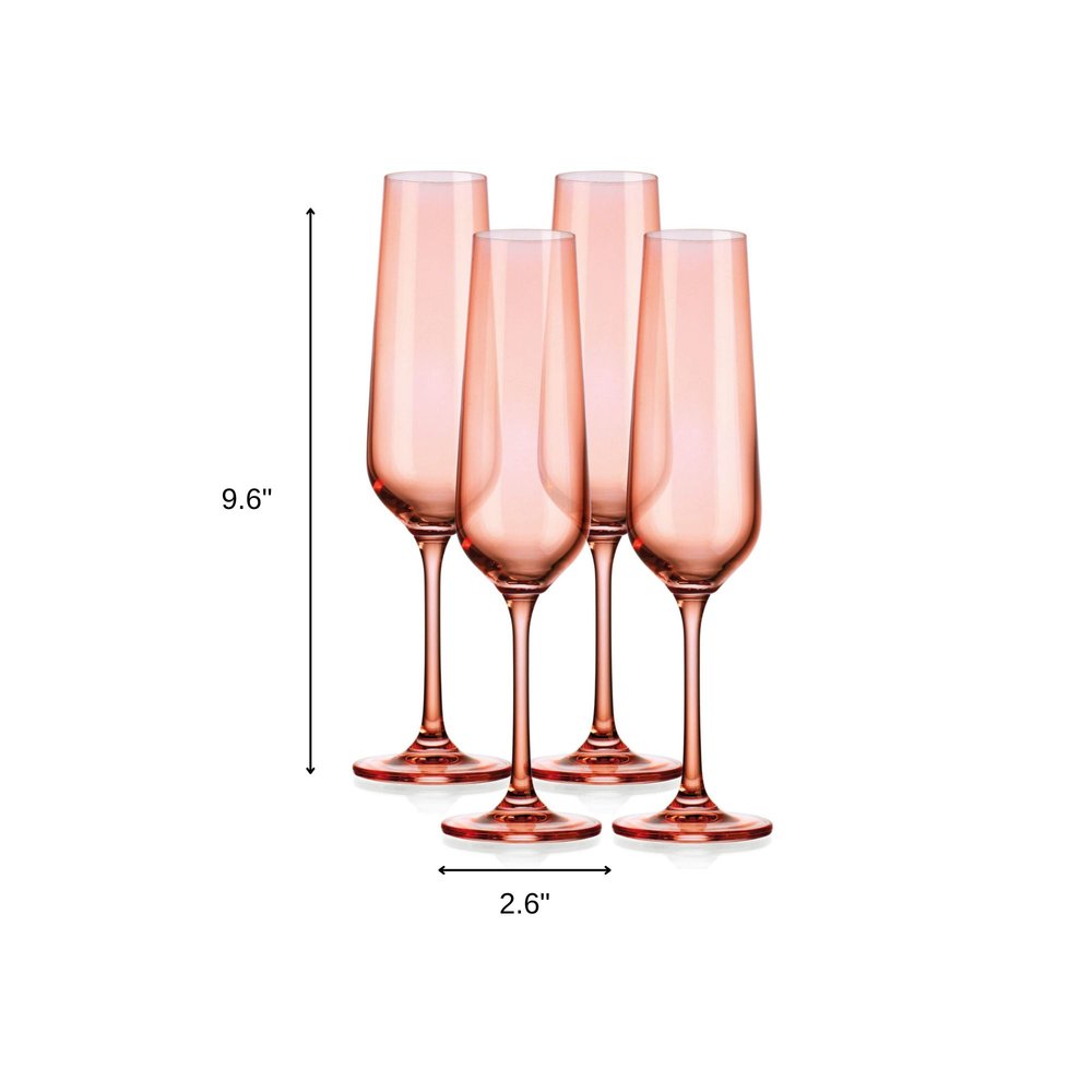Set of Four Coral Crystal Narrow Stemmed Champagne Flutes