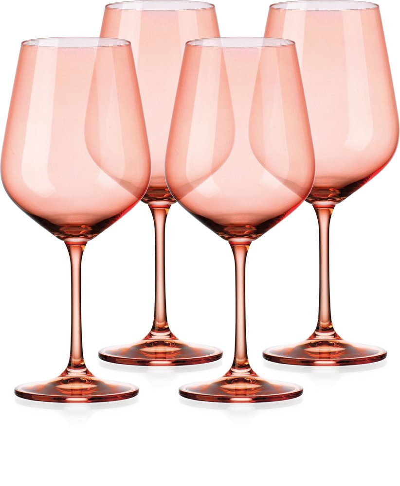 Set of Four Coral Crystal Balloon Bowl Stemmed Red Wine Glass
