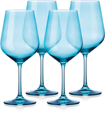 Set of Four Blue Crystal Balloon Bowl Stemmed Red Wine Glass