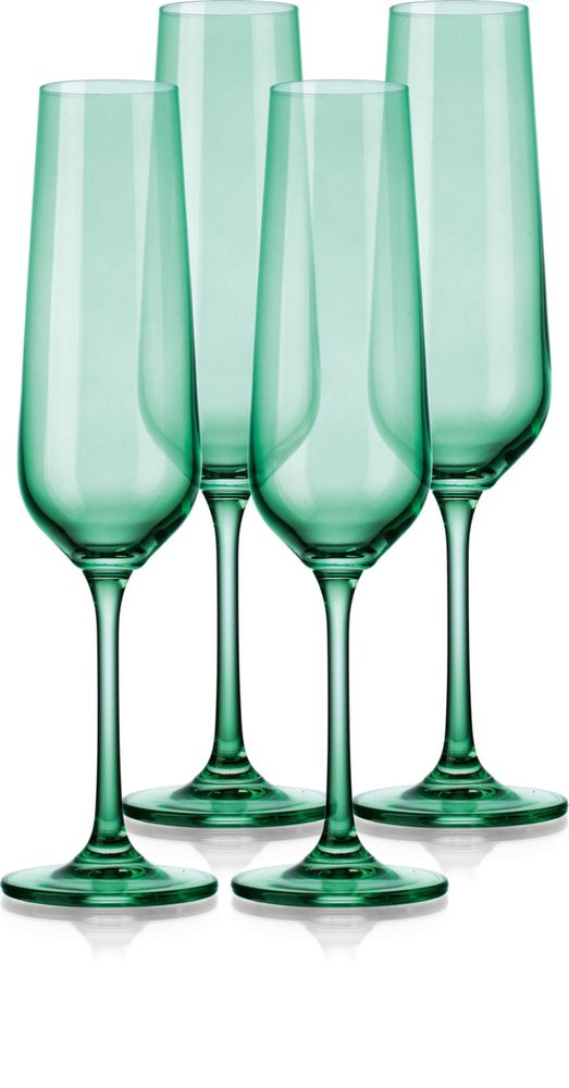 Set of Four Green Crystal Narrowing Shape Stemmed Flute